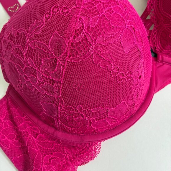 Torrid XO Push-Up Plunge Pink Floral Lace Sparkly Hearts Bra 38DDD Coquette - Picture 4 of 9